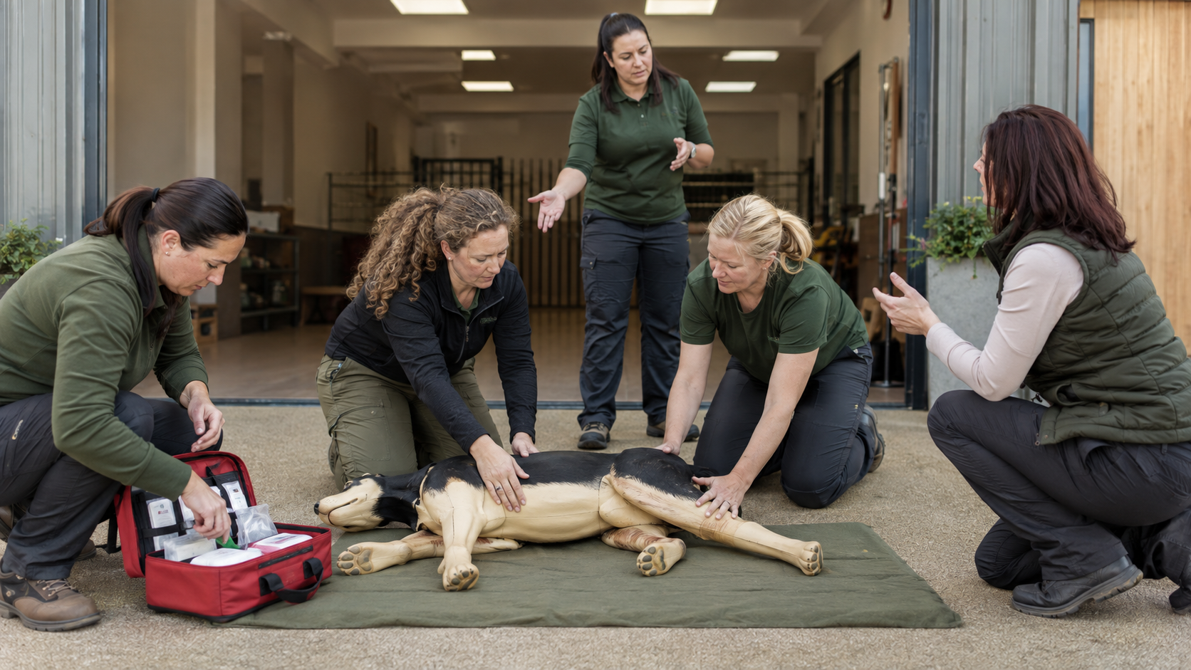 Canine business team taking part in an on-site first-aid response drill