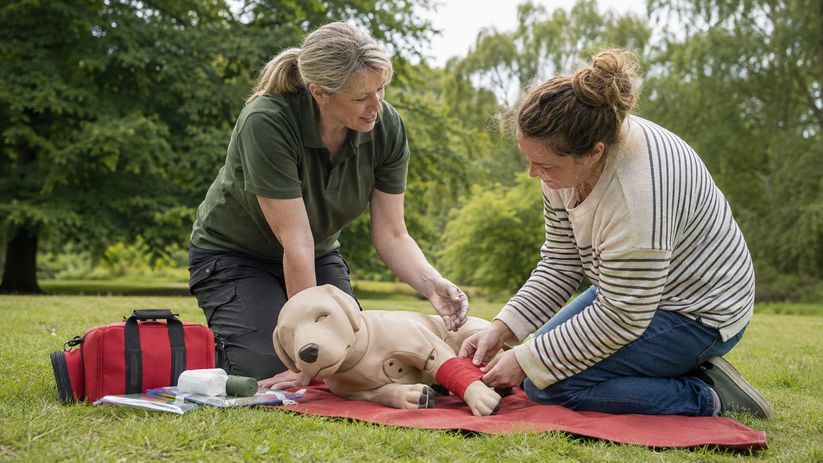 Dog owner learning practical canine first aid outdoors with an instructor and training mannequin