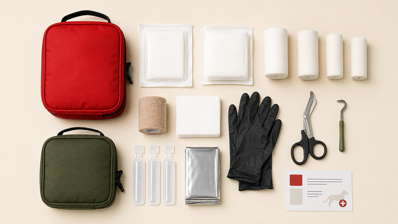Canine first aid pouches and equipment arranged for a kit